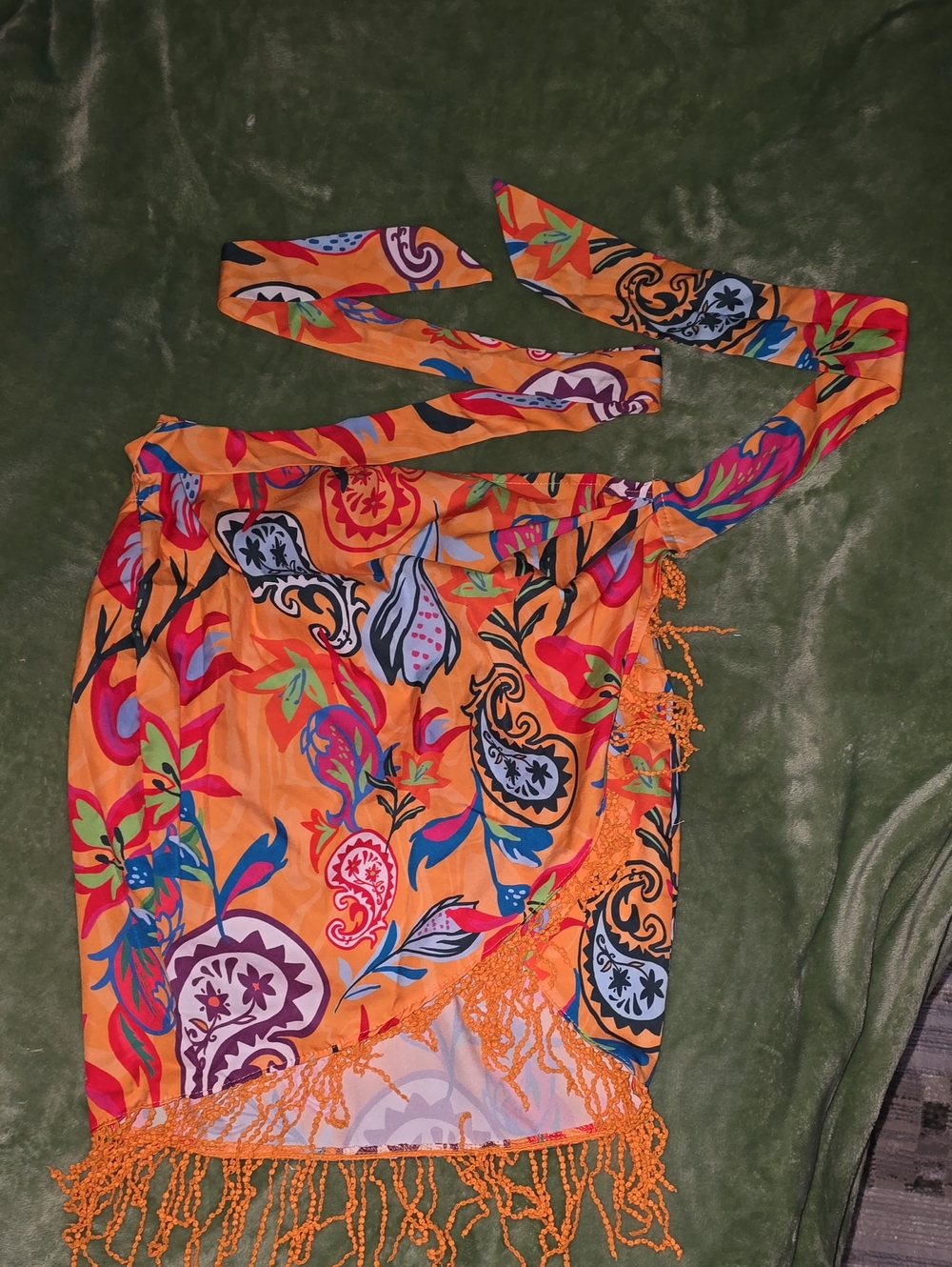 Bright Orange Floral Tie-Waist Swim Sarong with Fringe